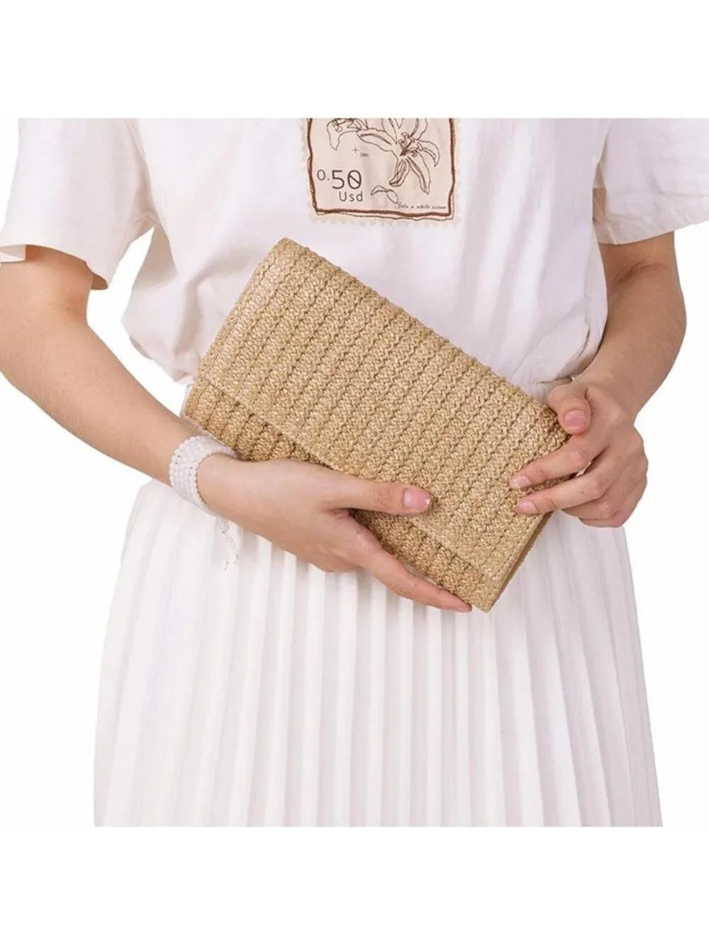 Women’s Khaki3 Straw Woven Clutch Purse Crossbody Evening Wedding Handbag